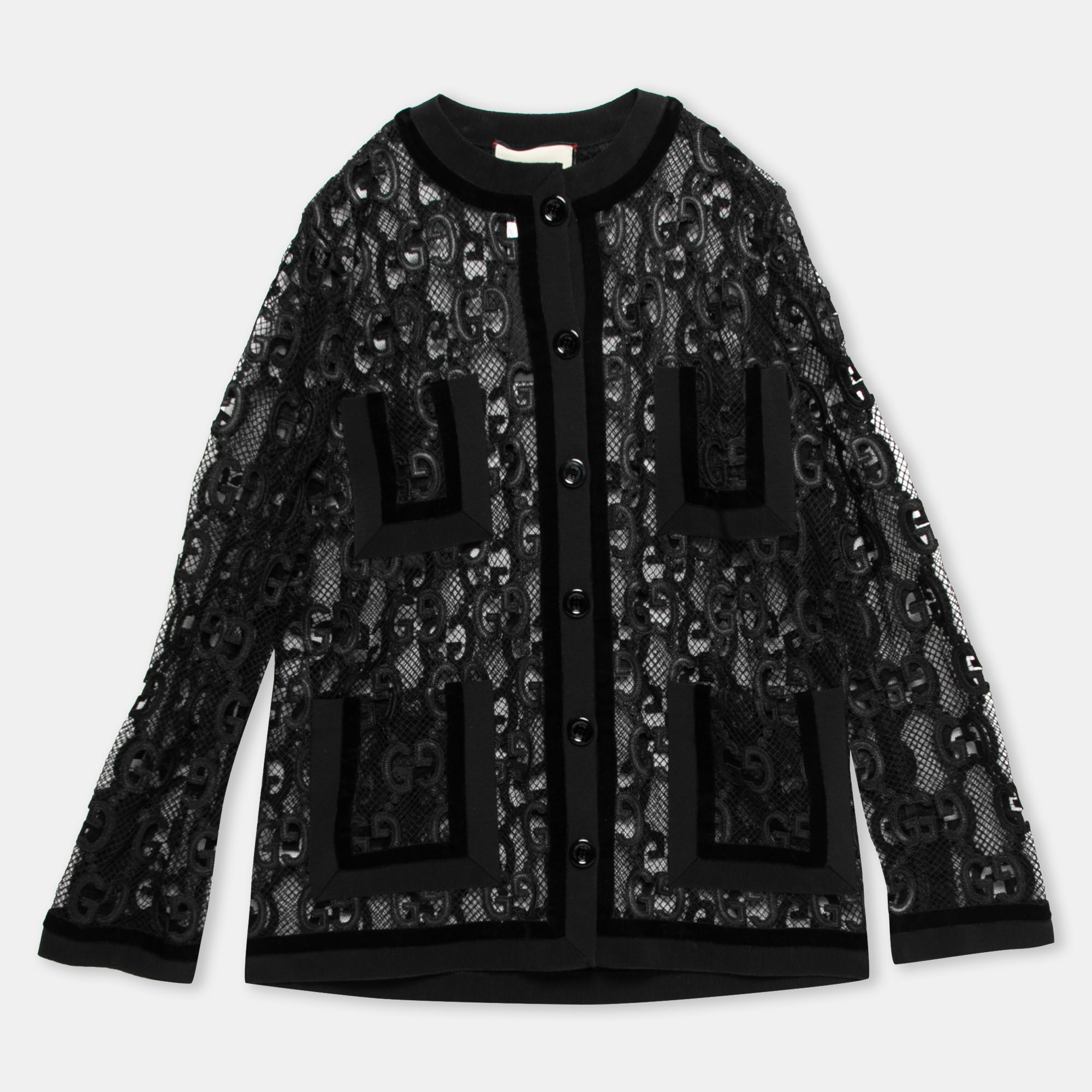 

Gucci Black Mesh Laser Cut GG Long Sleeve Button Front Jacket S