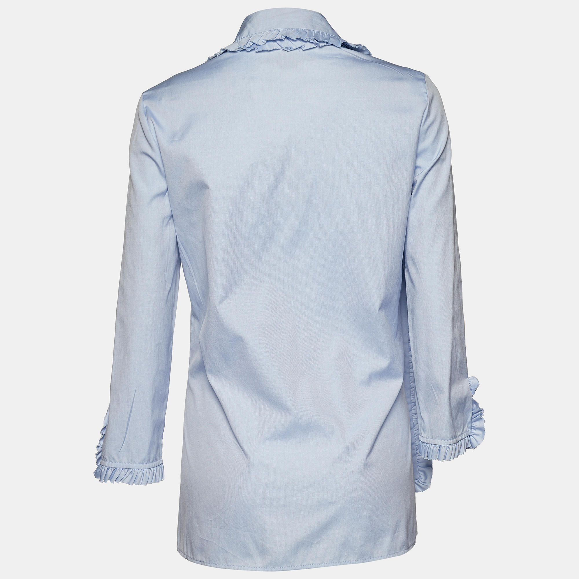 

Gucci Blue Cotton Ruffle Neck Tie Detail Shirt