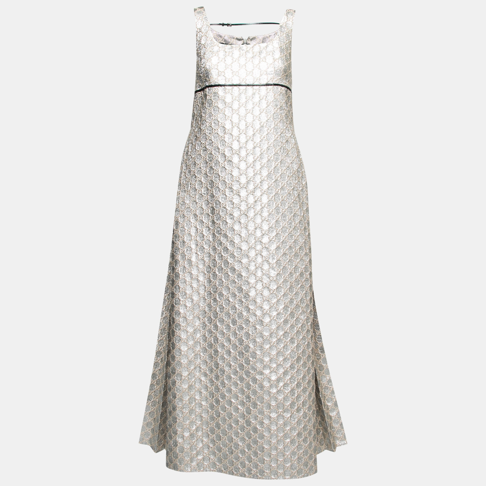 Pre Owned Gucci Gold Metallic GG Jacquard Empire Waist Pleated Long Dress S
