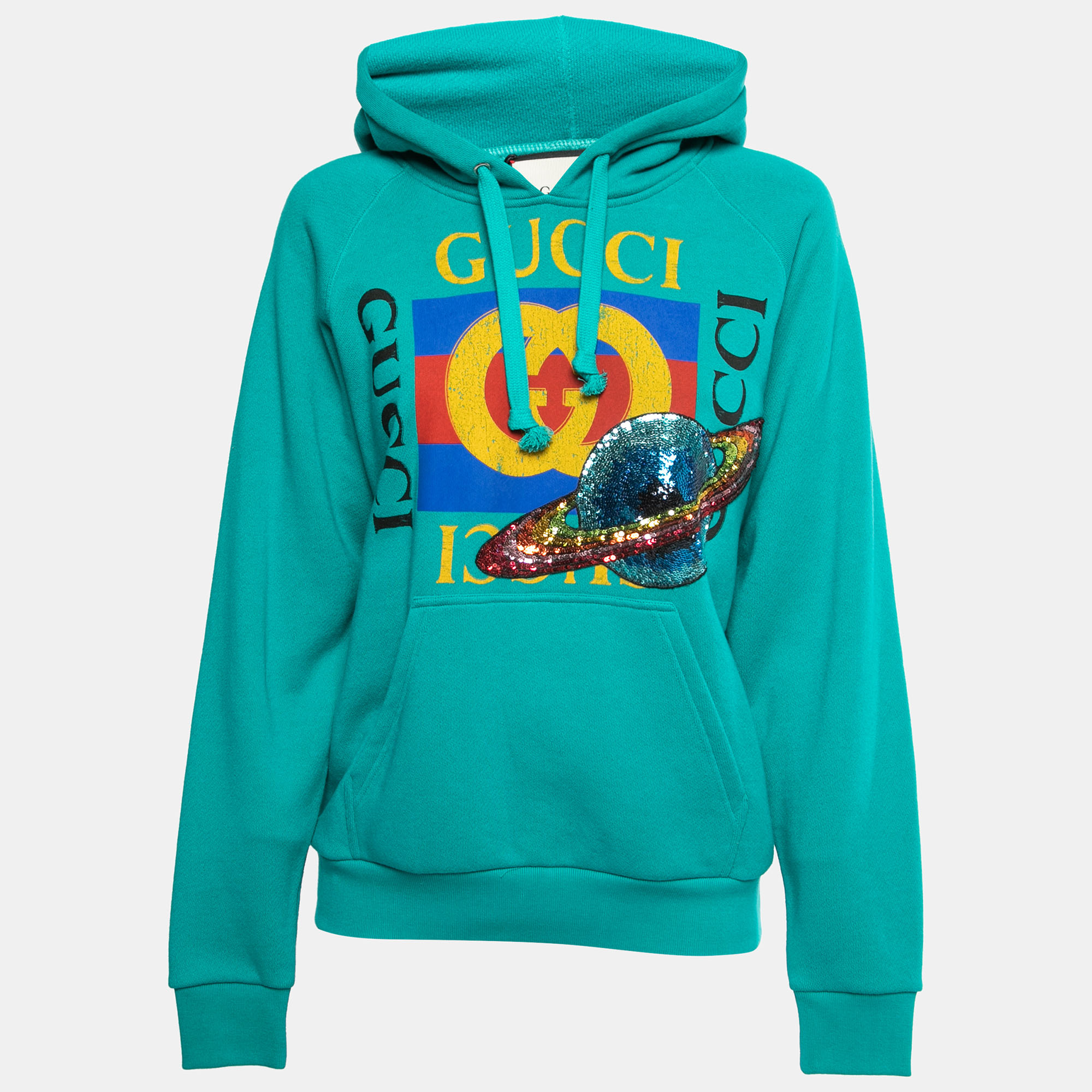 

Gucci Teal Blue Cotton Planet Sequined Hooded Sweatshirt XS