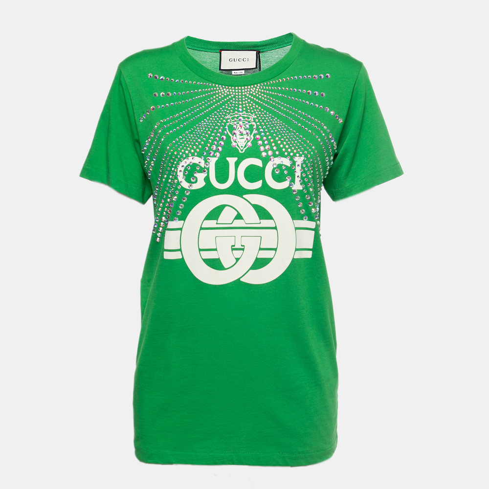 Pre-owned Gucci Green Logo Print Rhinestone Embellished T-shirt L