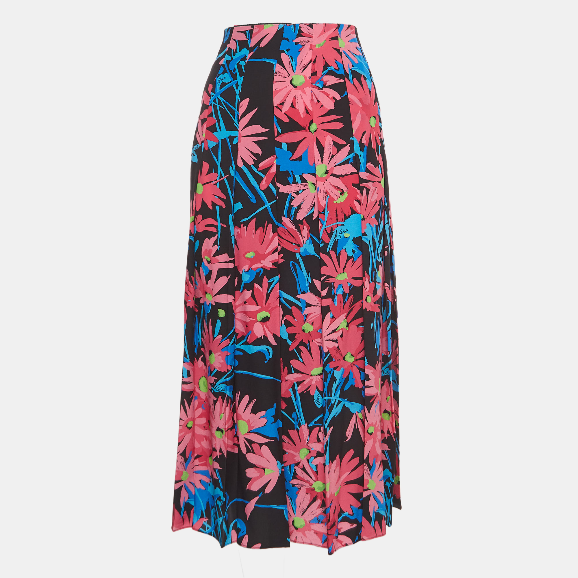 Pre-owned Gucci Black/multicolor Floral Print Silk Midi Skirt M