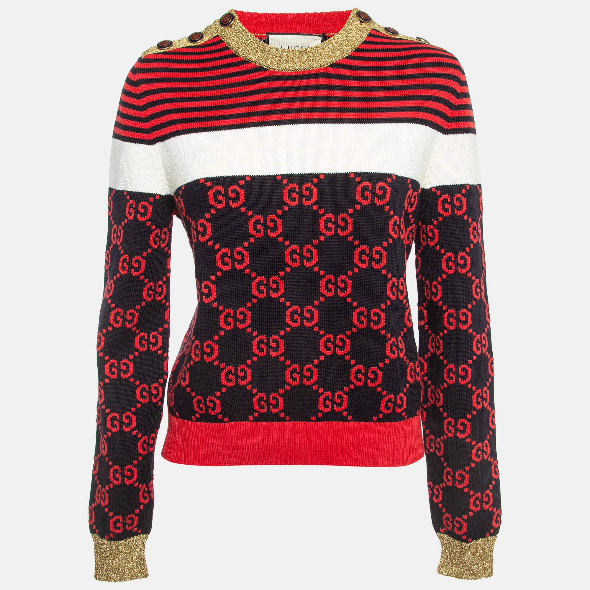 Pre Owned Gucci Red/Black GG Monogram Patterned Knit Sweater L