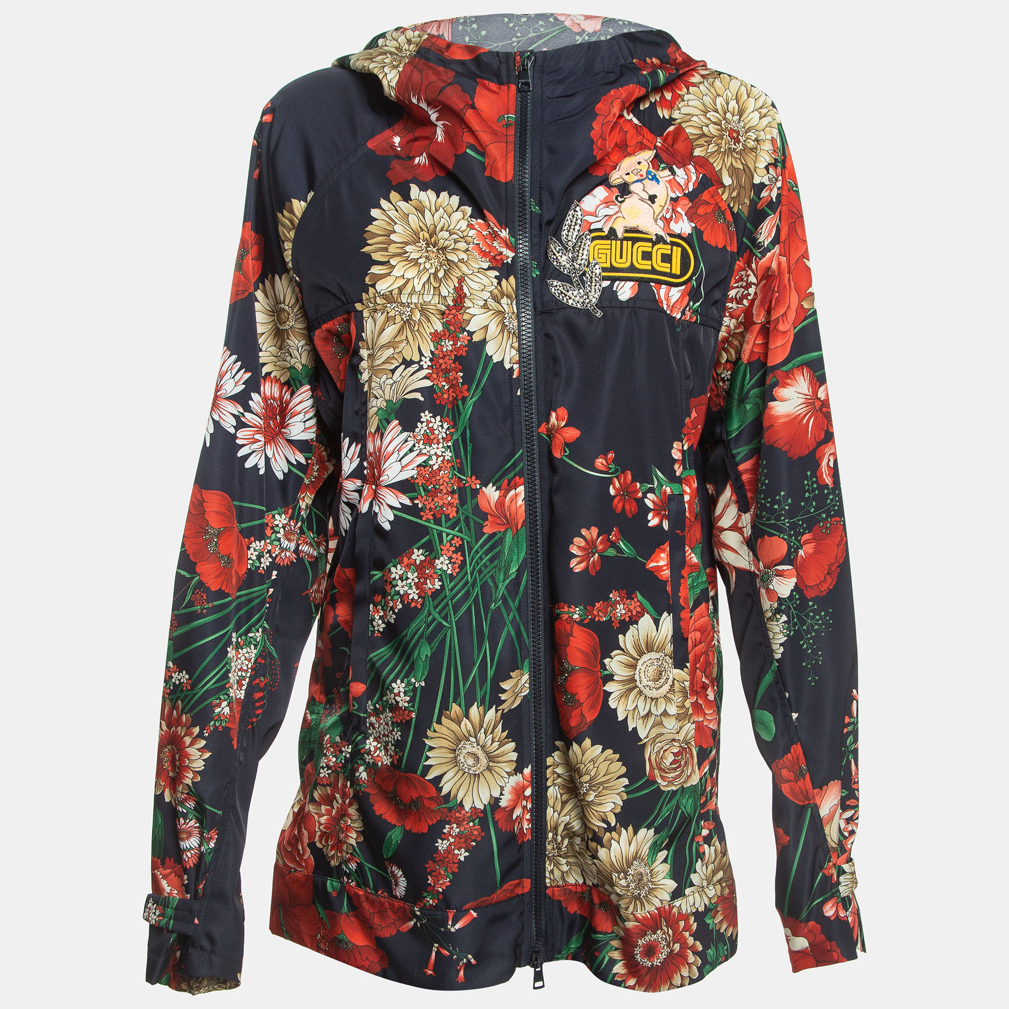 Pre-owned Gucci Multicolor Floral Print Nylon Applique Detail Hooded Jacket S In Navy Blue