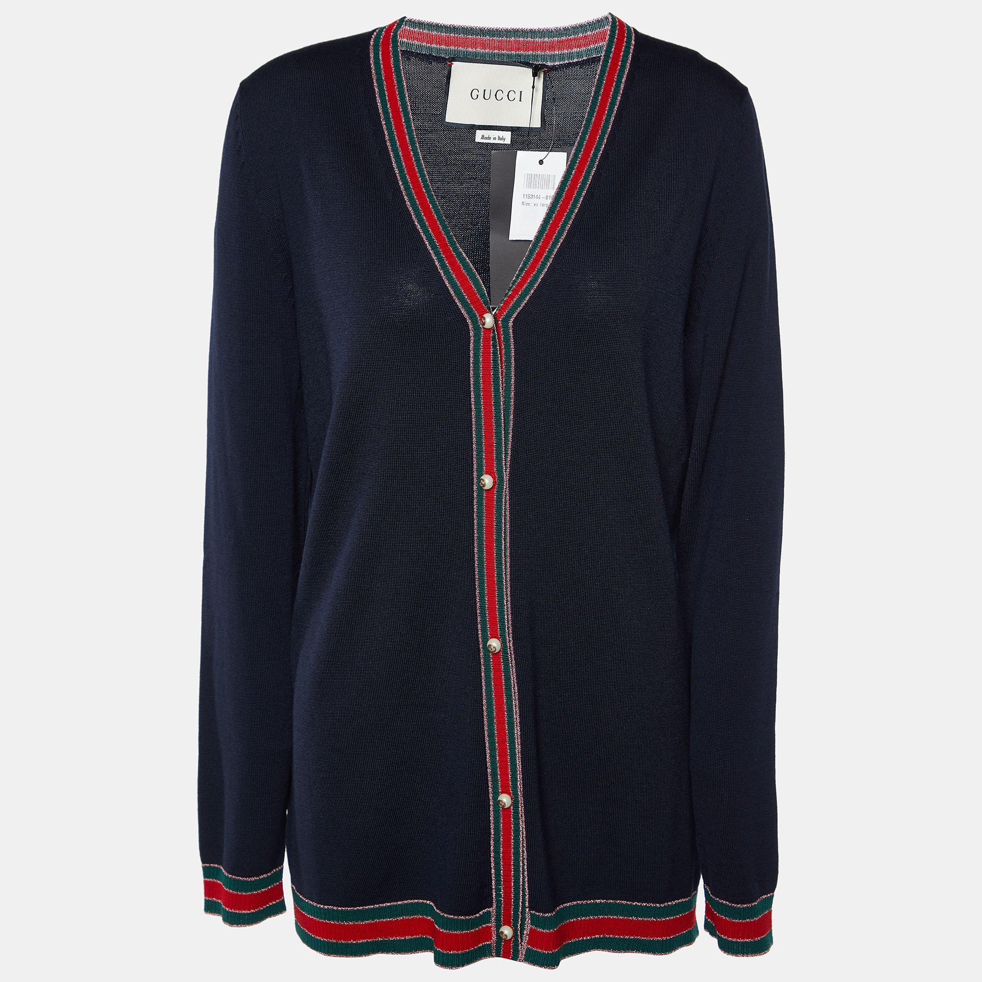 

Gucci Navy Blue Wool Web Trim Button Front Cardigan