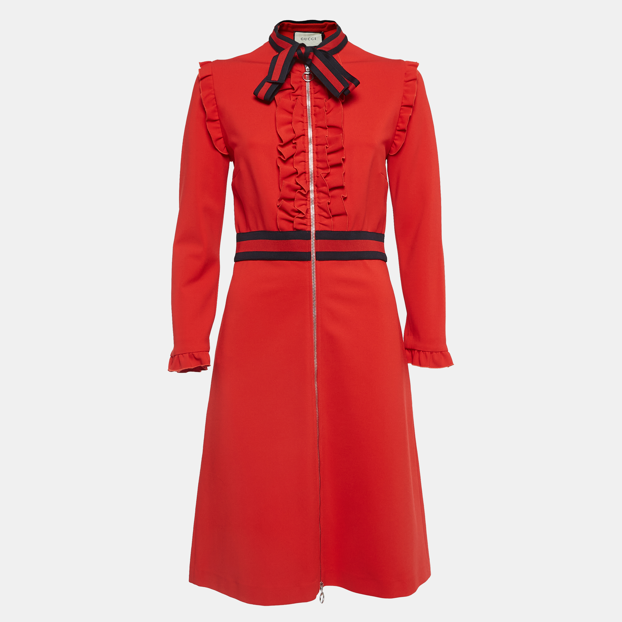 

Gucci Red Jersey Tie Neck Ruffled Dress