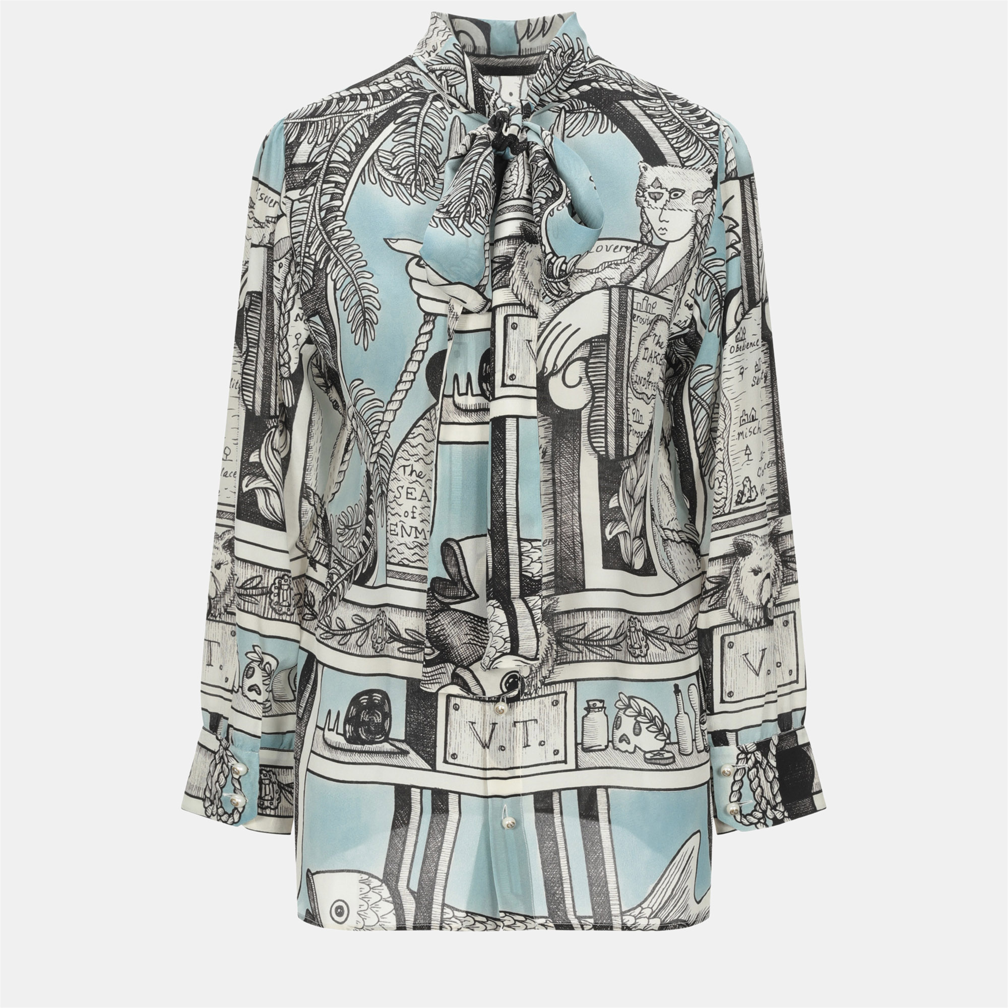 Pre-owned Gucci Blue Printed Silk Long Sleeve Blouse S (it 38)