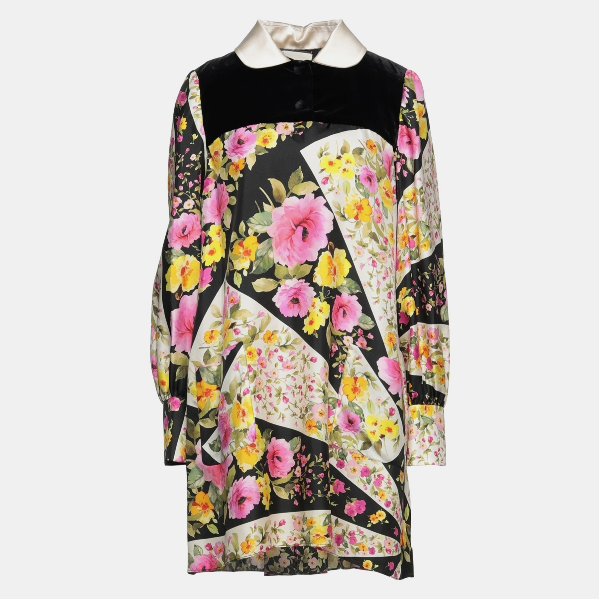 Pre-owned Gucci Black Floral Print Silk & Velvet Mini Dress M (it 42)