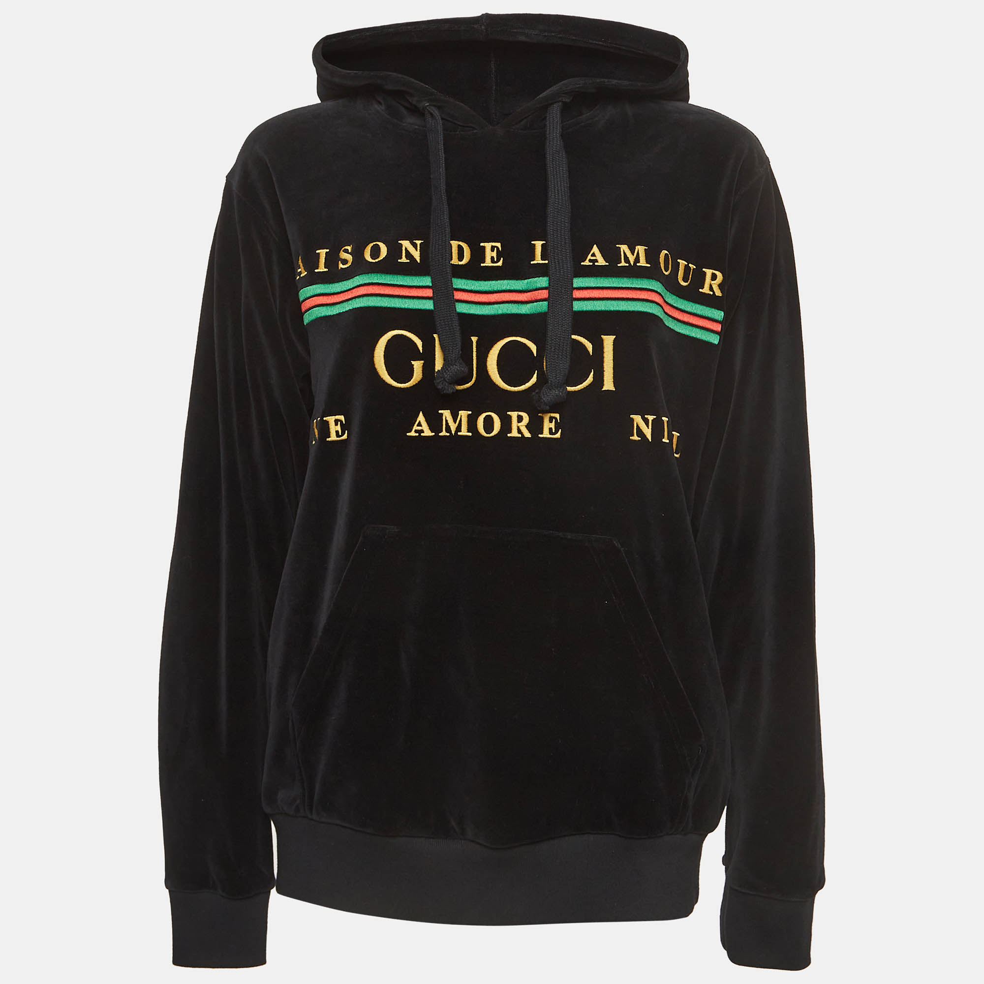 Pre-owned Gucci Black Logo Embroidered Velvet Hoodie Xs