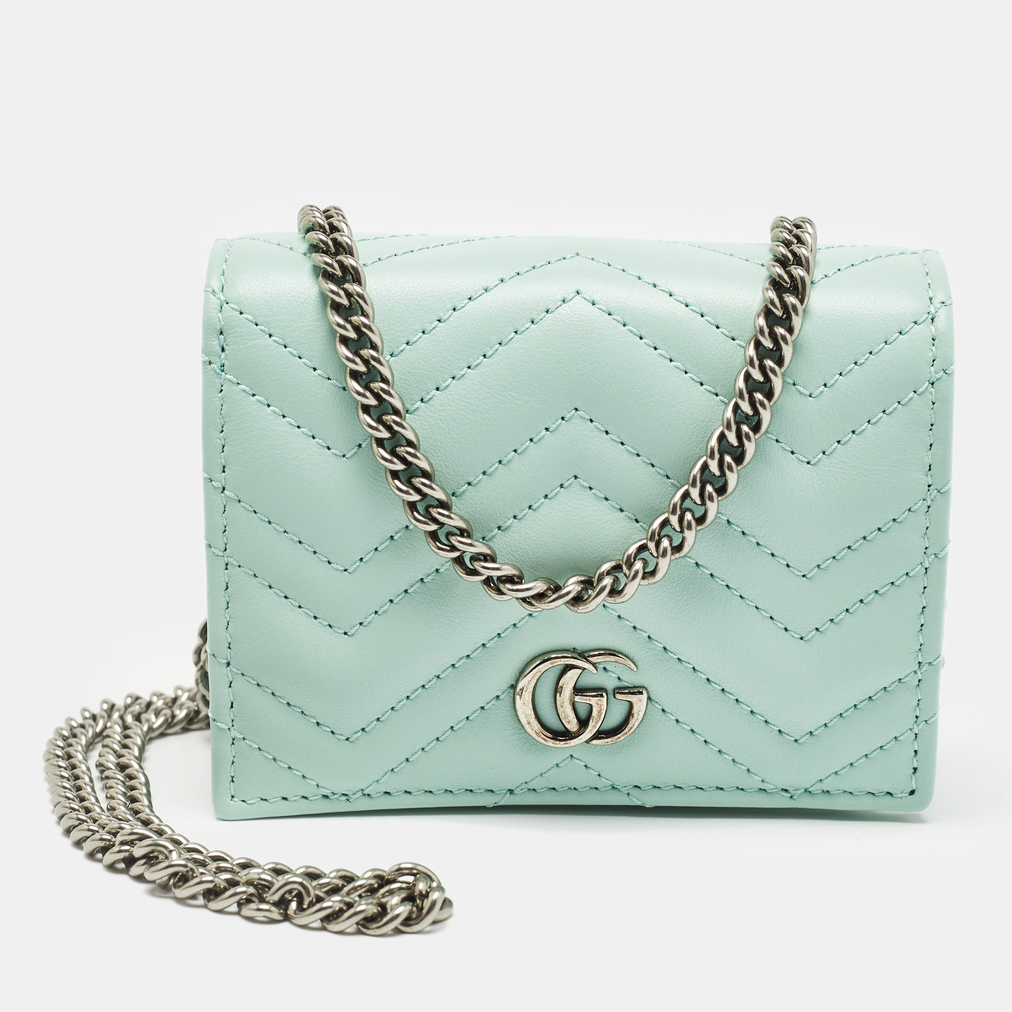 

Gucci Light Mint Green Matelassé Leather GG Marmont Compact Wallet on Chain