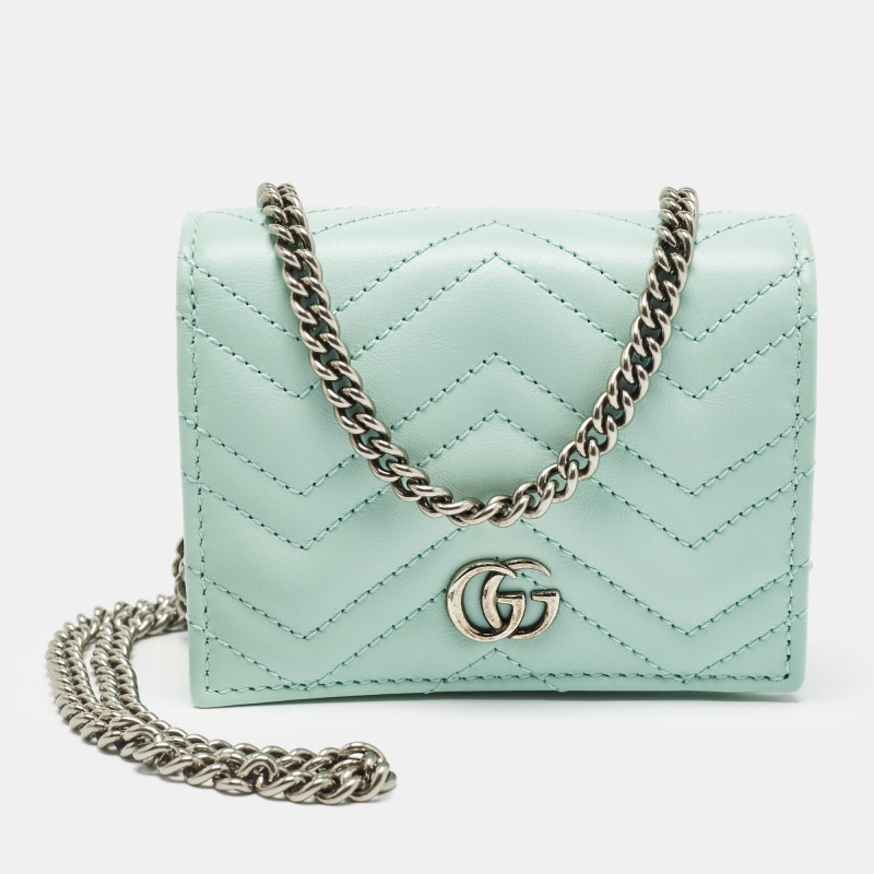

Gucci Light Mint Green Matelassé Leather GG Marmont Compact Wallet on Chain