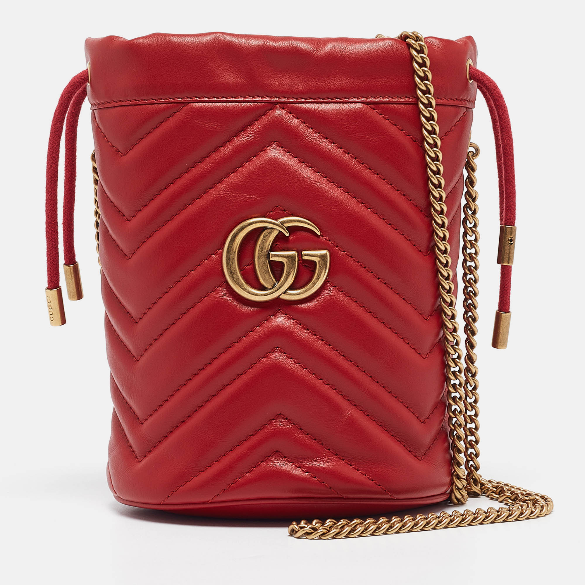 

Gucci red Matelasse Leather Mini GG Marmont Bucket Bag