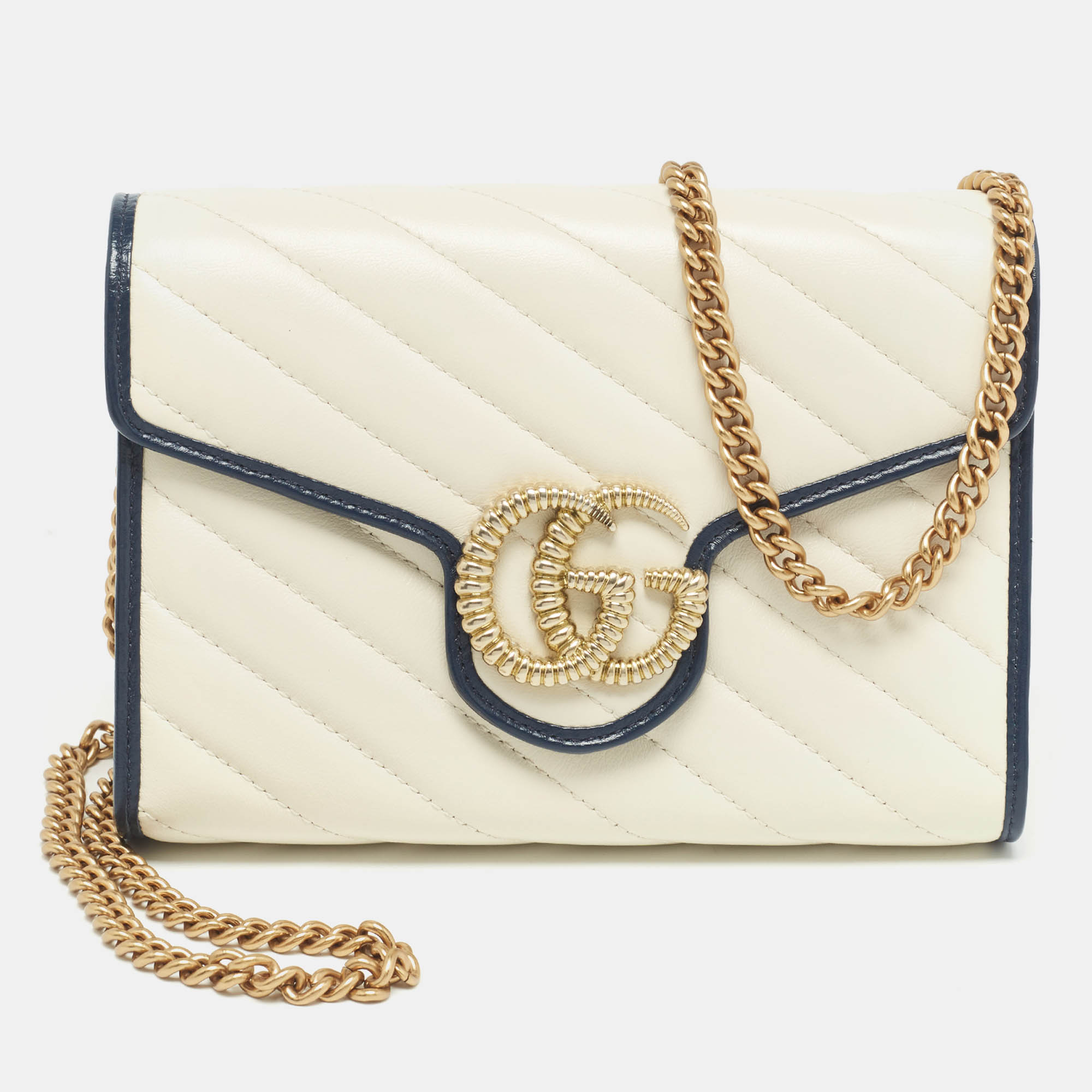 

Gucci White/Navy Blue Diagonal Quilt Leather GG Marmont Torchon Wallet on Chain