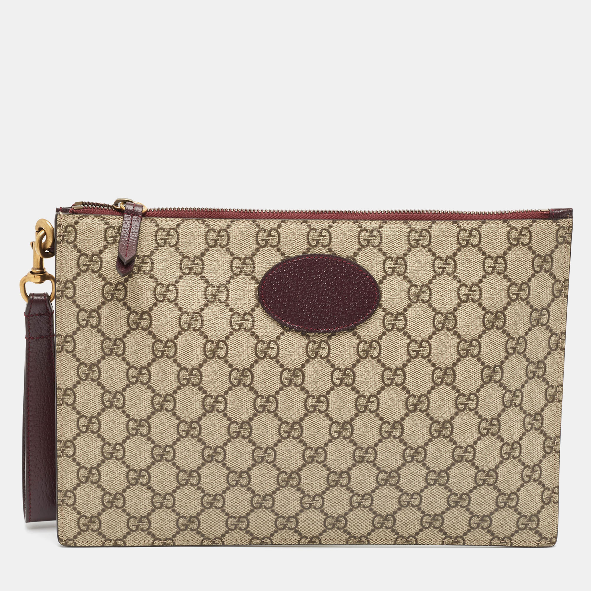 

Gucci Beige/Burgundy GG Supreme Coated Canvas and Leather Wristlet Pouch