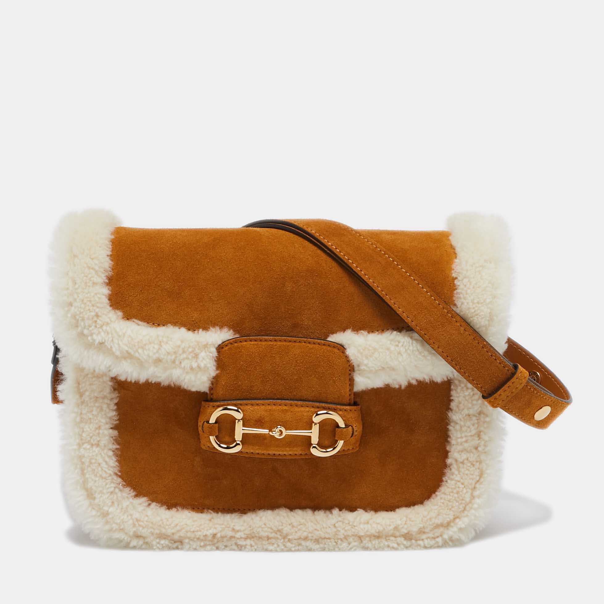 

Gucci Brown/White Shearling Fur and Suede Small Horsebit 1955 Shoulder Bag