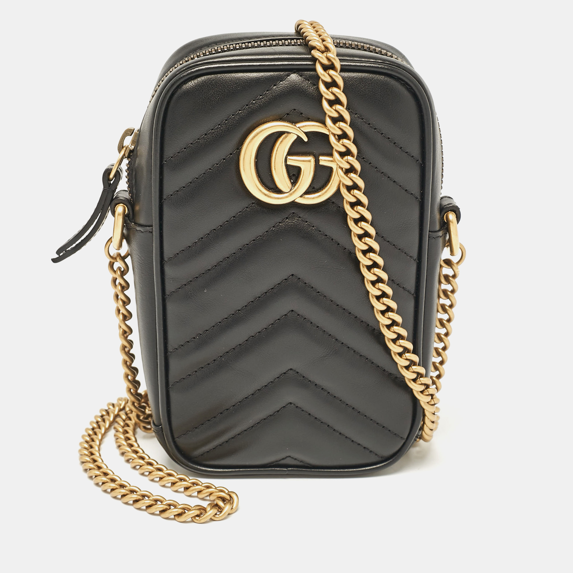 

Gucci Black Matelassé Leather Mini GG Marmont Crossbody Bag