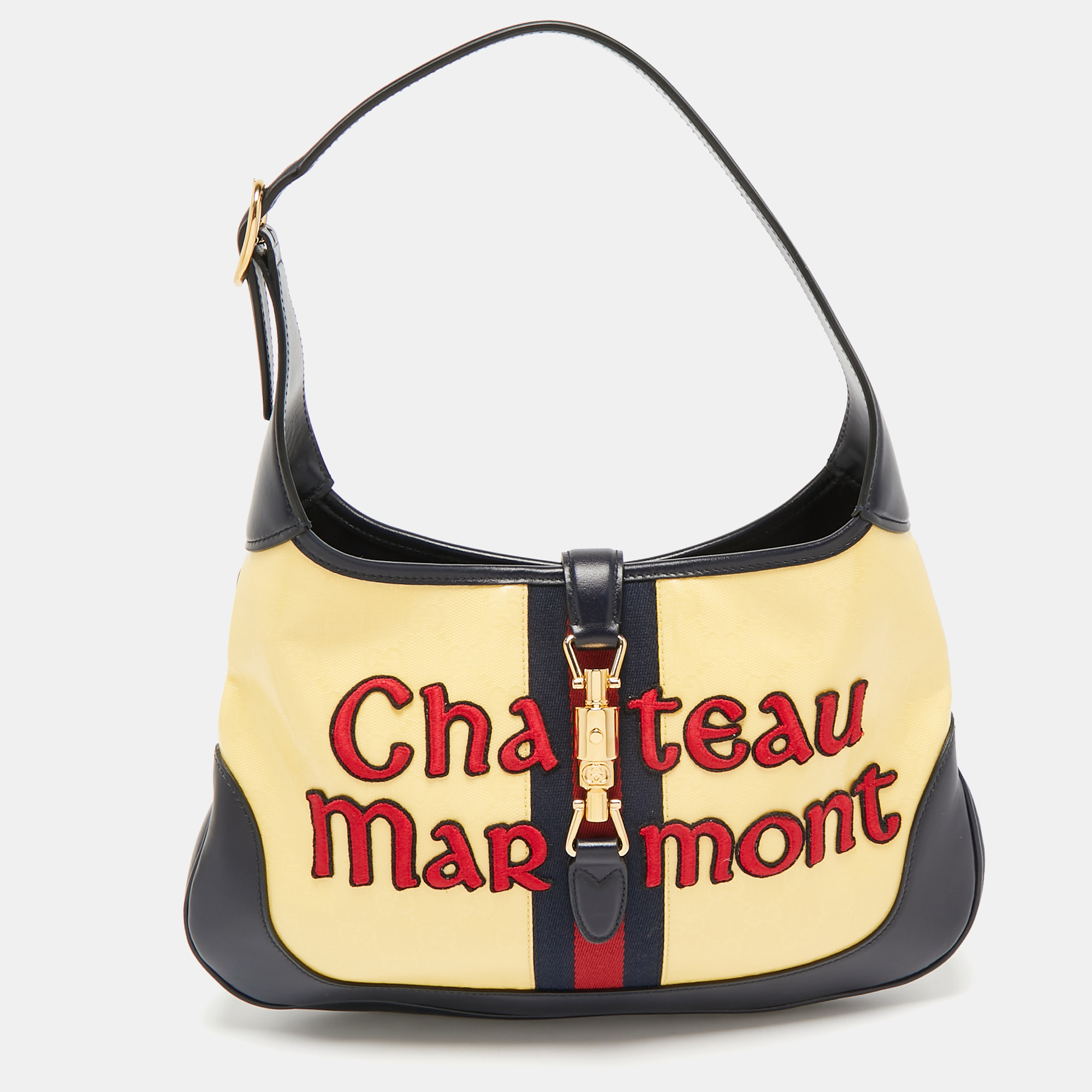 

Gucci Yellow/Blue Gg Crystals Canvas and Leather Chateau Marmont Jackie Hobo