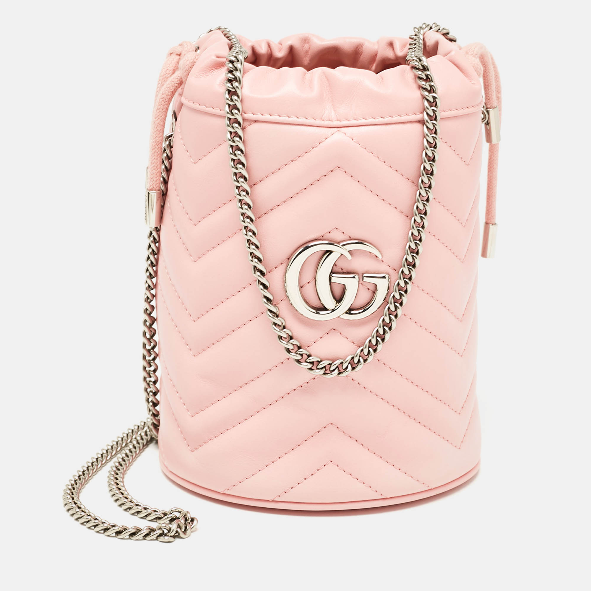 

Gucci Pink Matelasse Leather Mini GG Marmont Bucket Bag