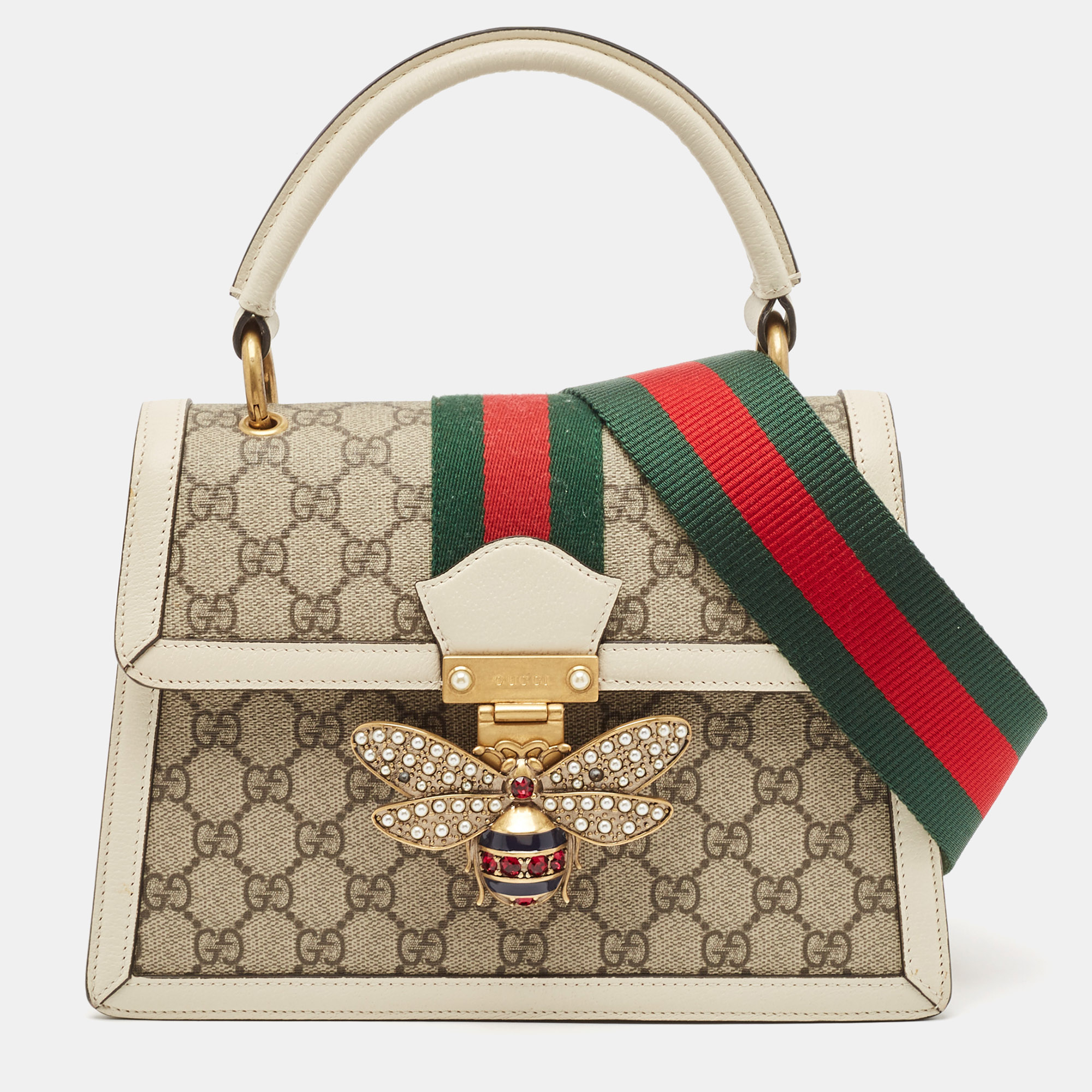 

Gucci White/Beige GG Supreme Canvas and Leather Small Queen Margaret Top Handle Bag