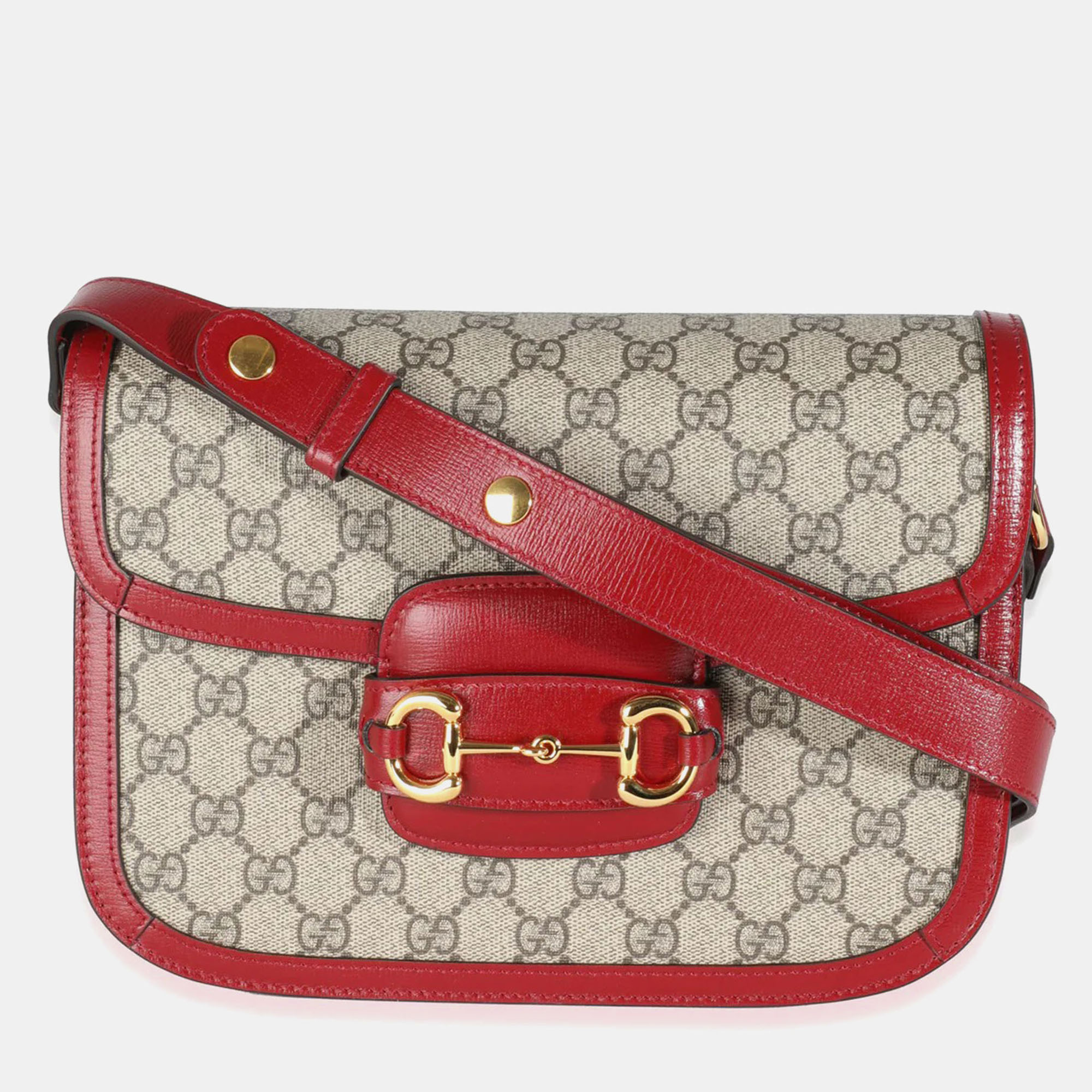 

Gucci Red Calfskin Beige GG Supreme Canvas Horsebit 1955 Shoulder Bag