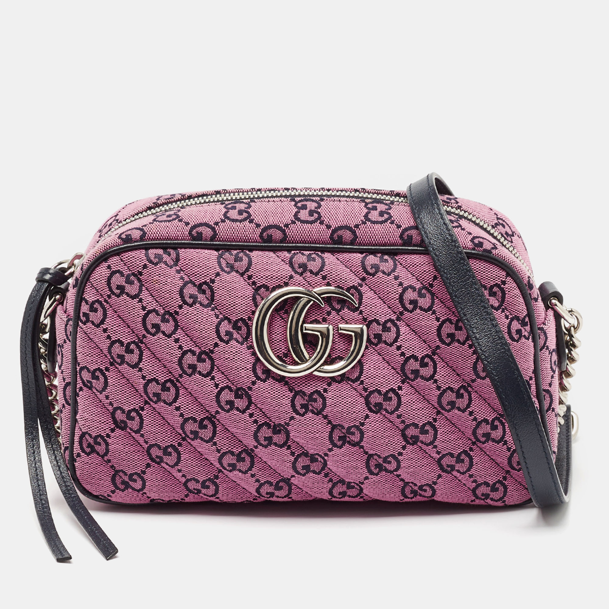 

Gucci Pink/Navy Blue Diagonal Quilted GG Canvas Small GG Marmont Shoulder Bag