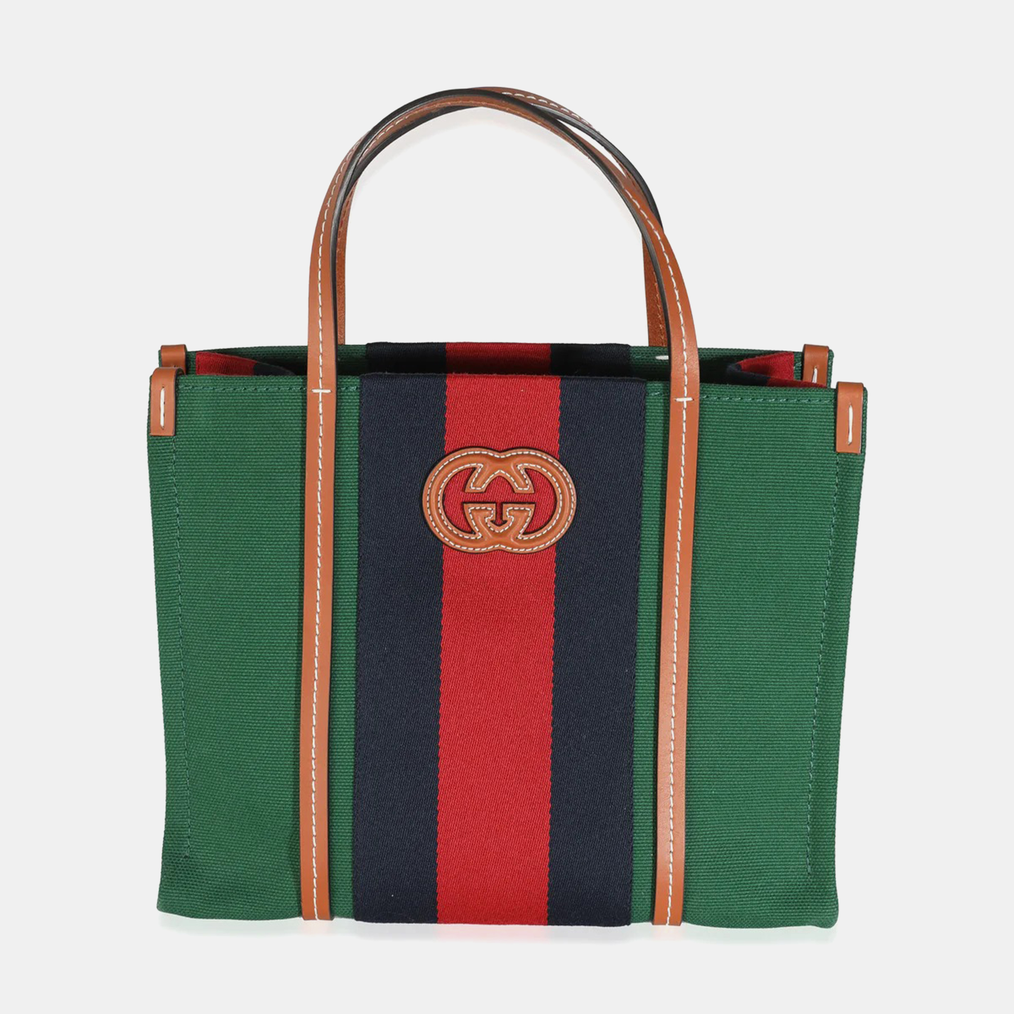 

Gucci Brown Calfskin Green Red Canvas Web Small Interlocking G Tote bag