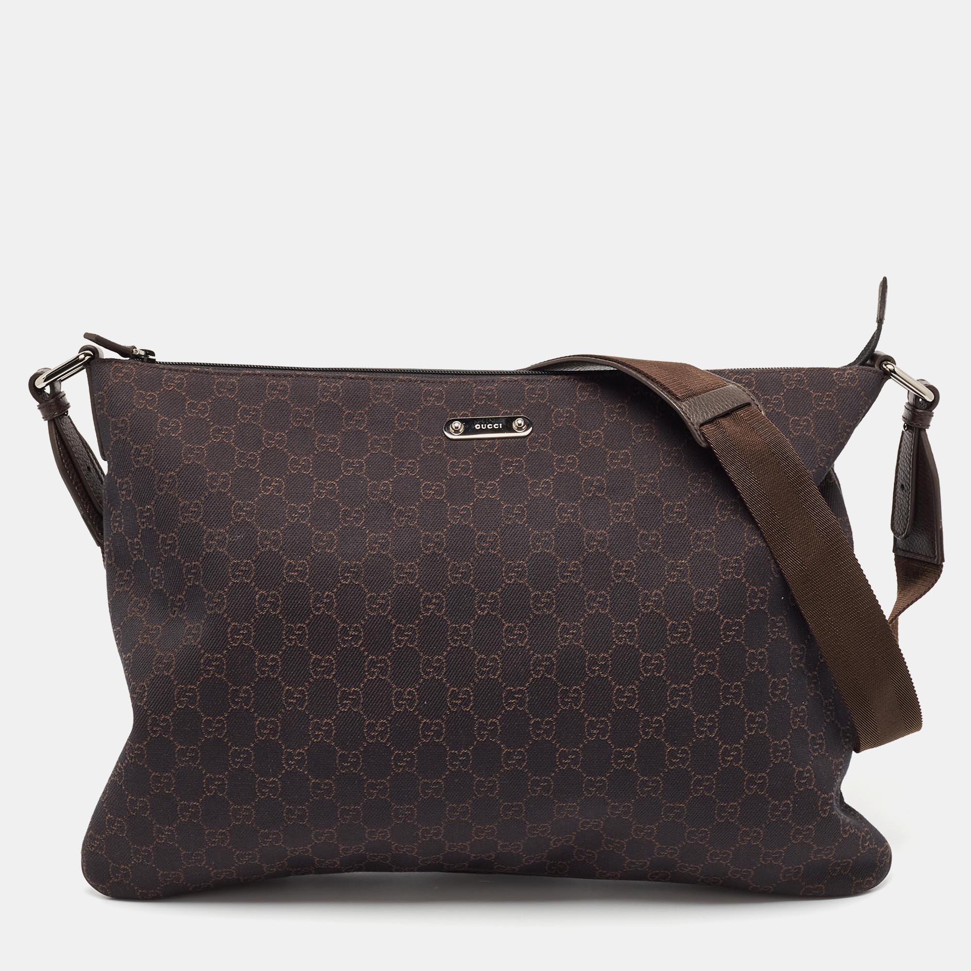 

Gucci Dark Brown GG Denim Zip Messenger Bag