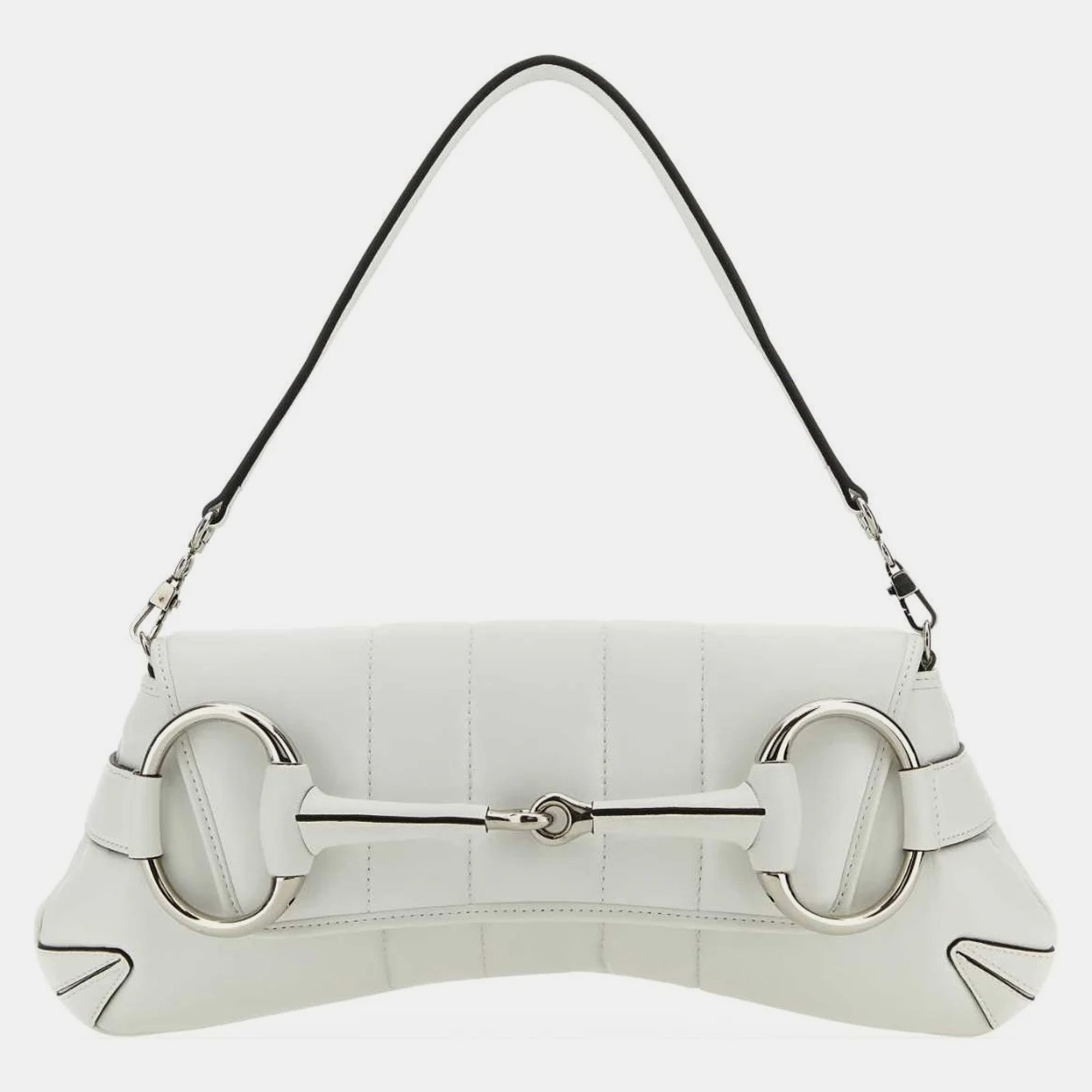 

Gucci 9014 White Leather Medium Gucci Horsebit Chain Clutch