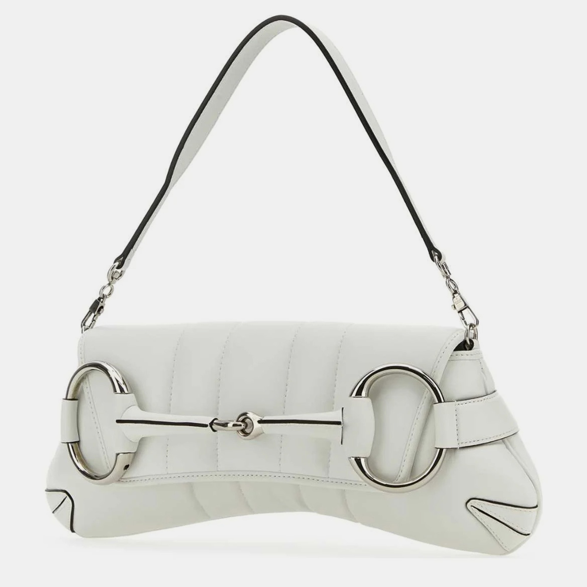 Gucci 9014 White Leather Medium Gucci Horsebit Chain Clutch 