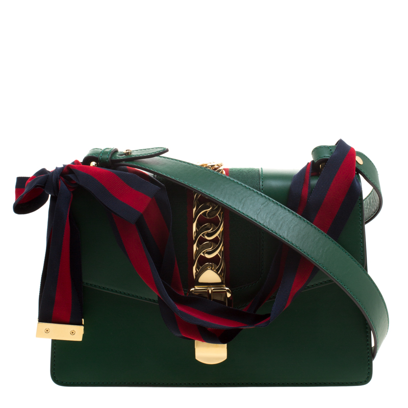 Pre Owned Gucci Green Leather Small Sylvie Shoulder Bag 