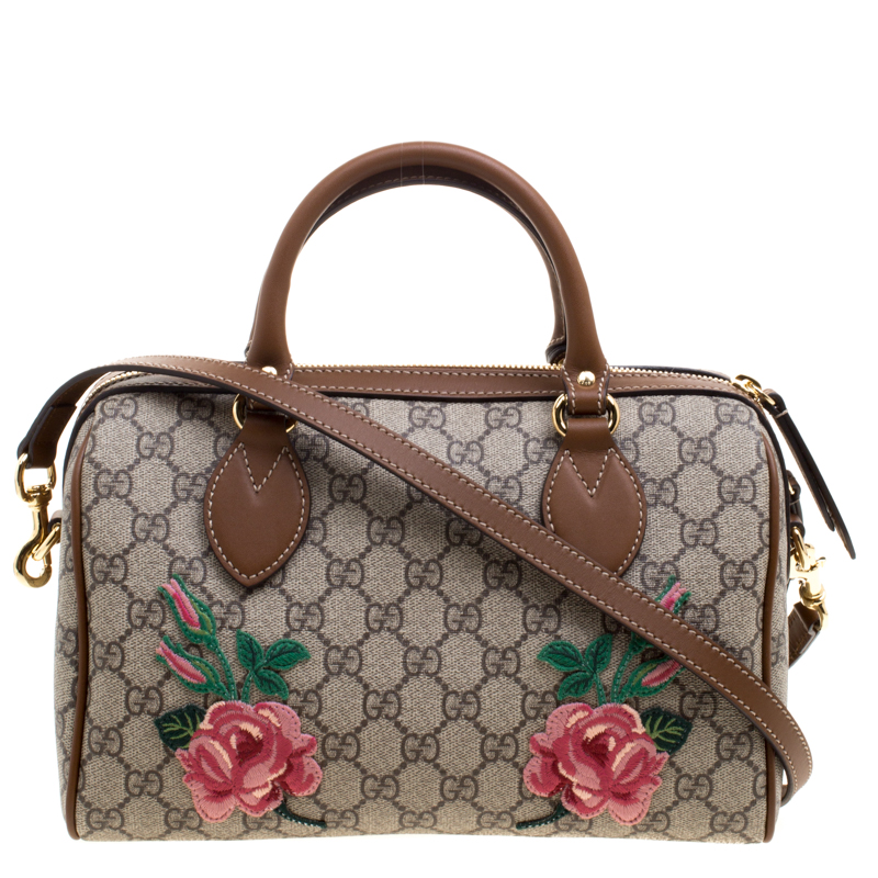 مملوكة مسبقًا Gucci Beige/Brown GG Supreme Canvas Limited Edition Floral Boston Bag