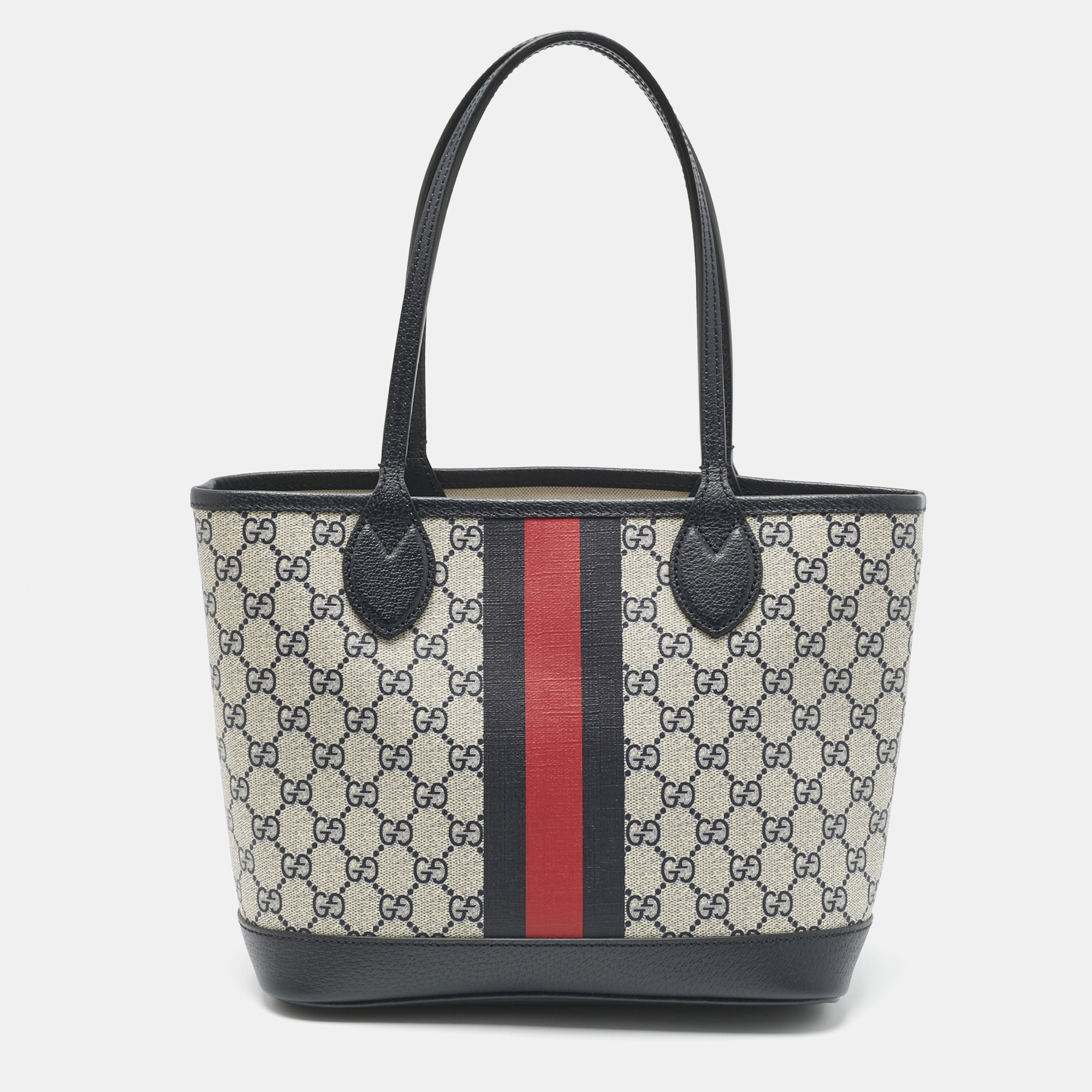 Pre-owned Gucci Beige/blue Gg Supreme Canvas And Leather Small Ophidia Tote In Sand