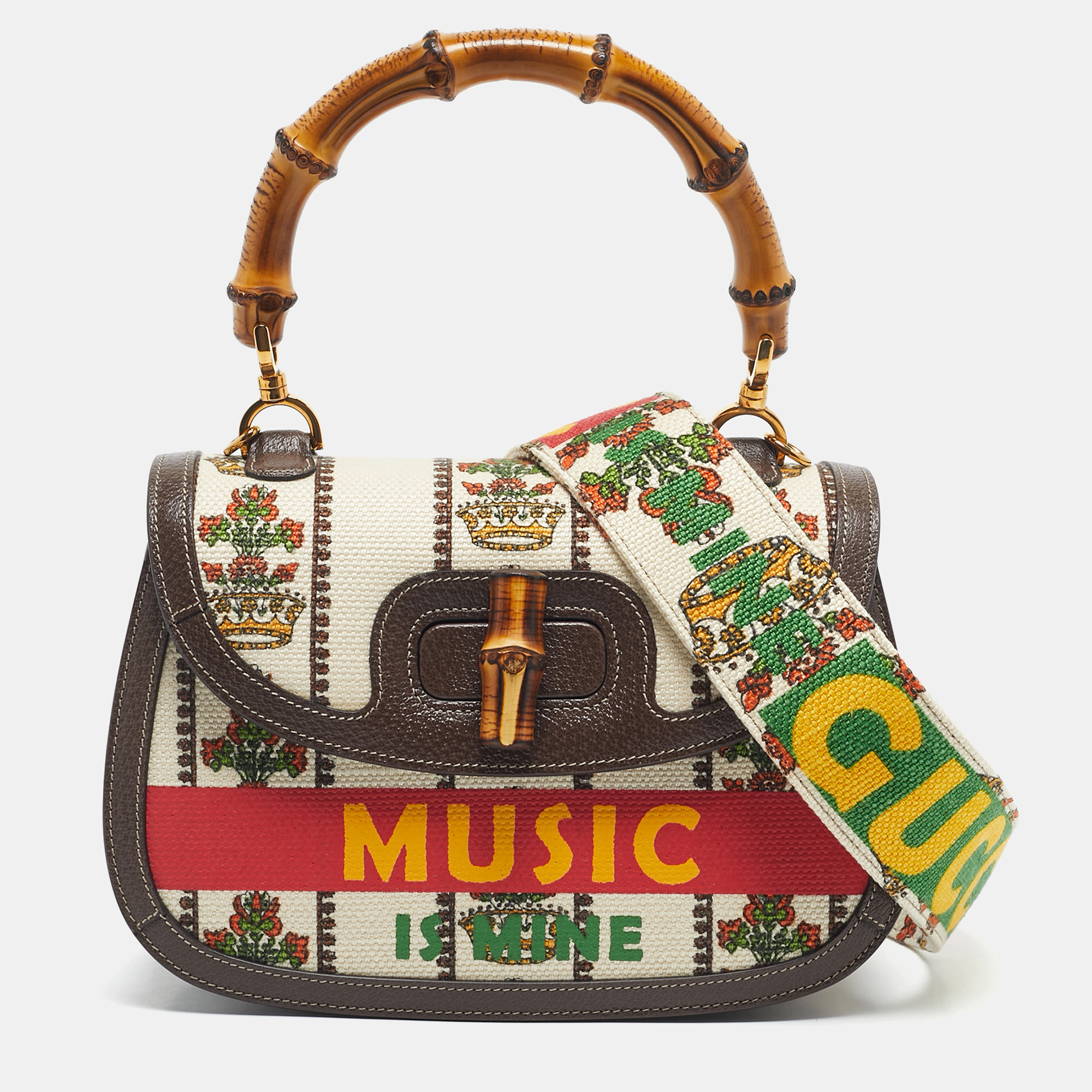 

Gucci Brown/Multicolor Canvas  100 Centennial Bamboo Top Handle Bag