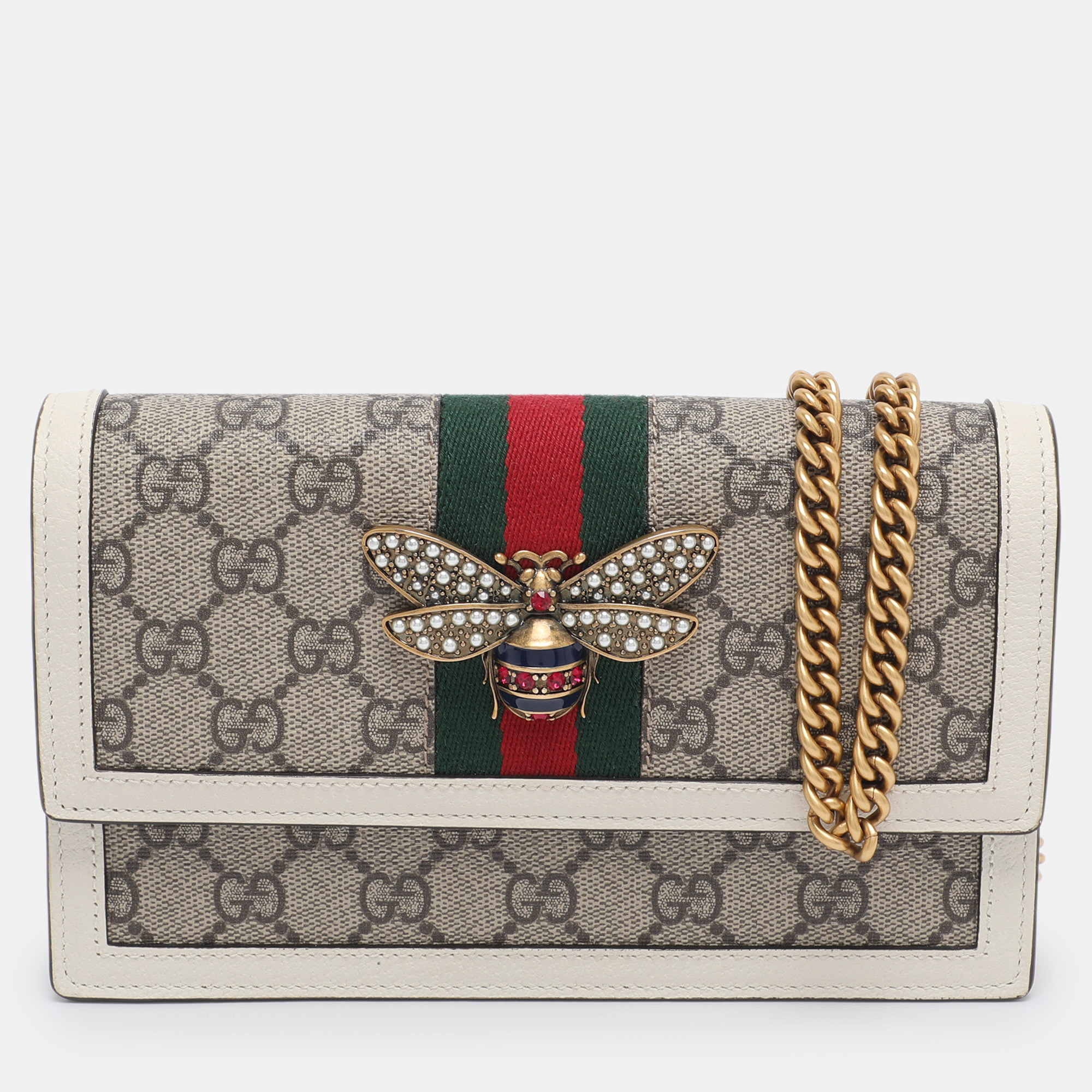 

Gucci White/Beige GG Supreme Canvas and Leather Queen Margaret Wallet On Chain