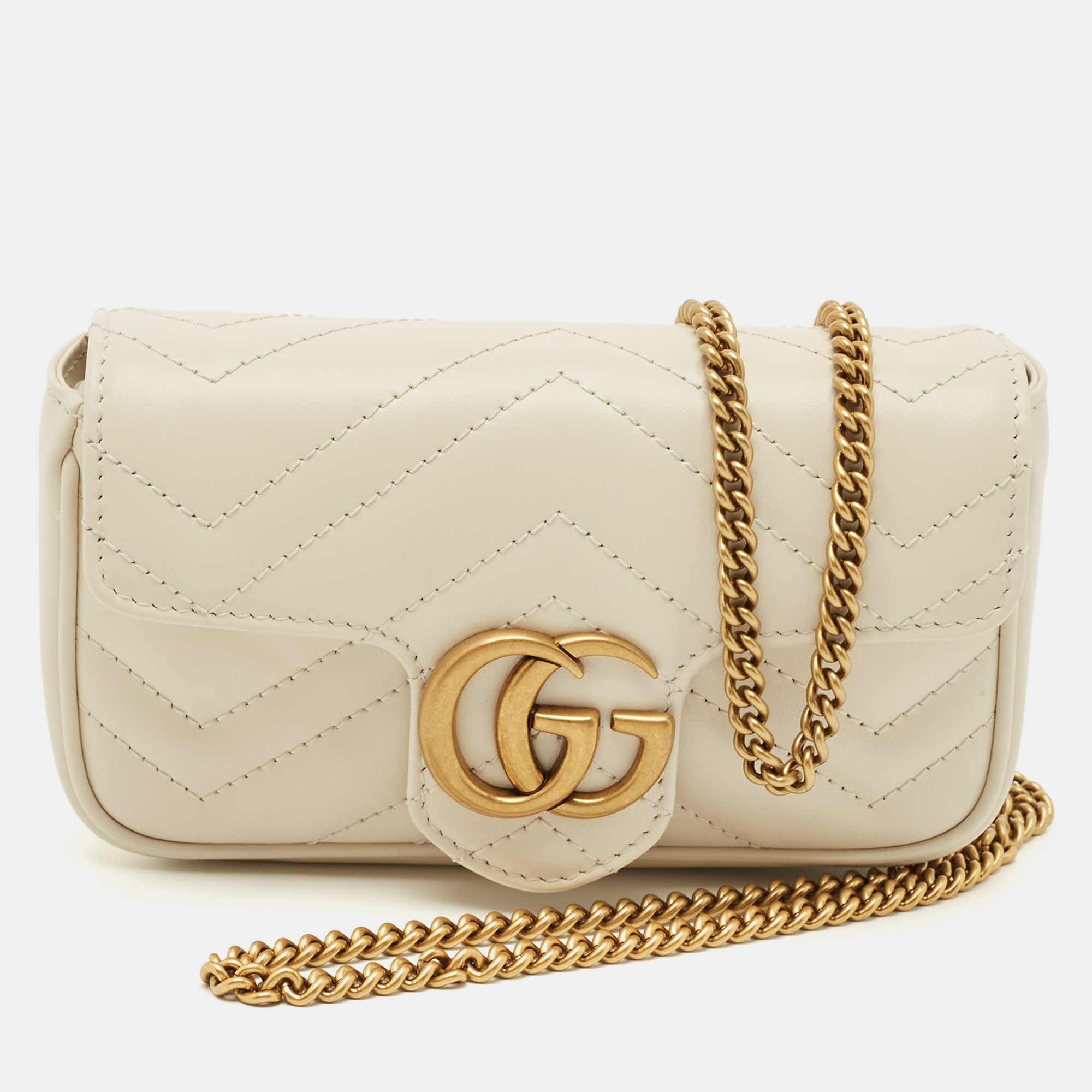 Pre-owned Gucci Off White Matelassé Leather Super Mini Gg Marmont Shoulder Bag