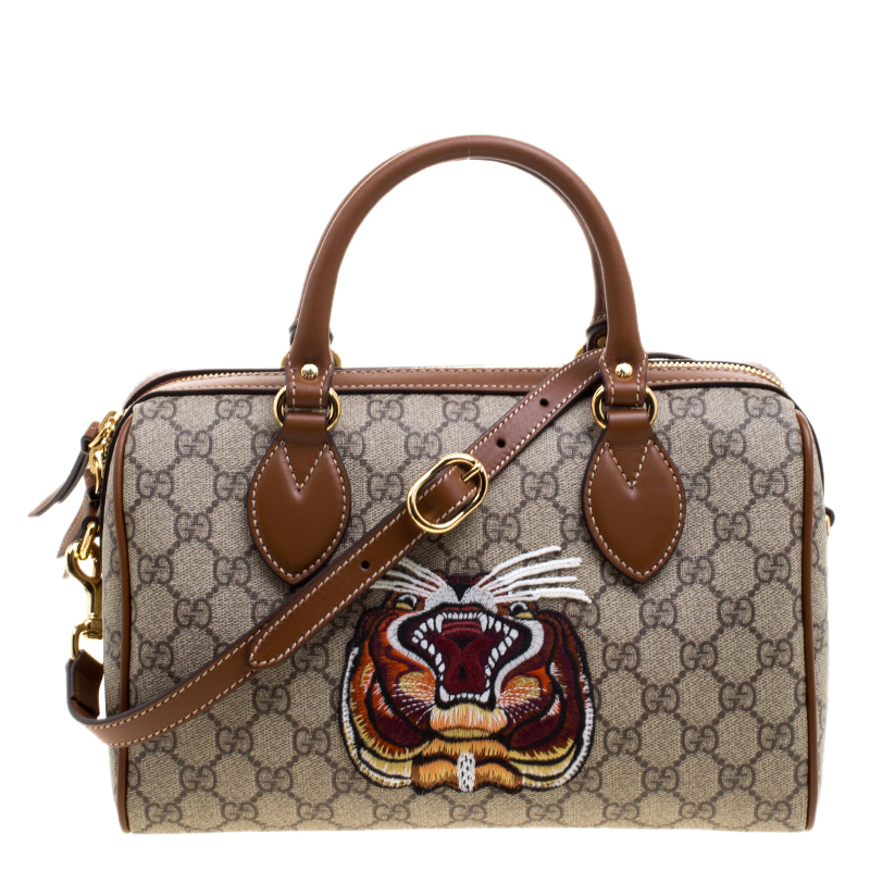 Gucci Beige/Brown GG Supreme Canvas Limited Edition Tiger Boston Bag