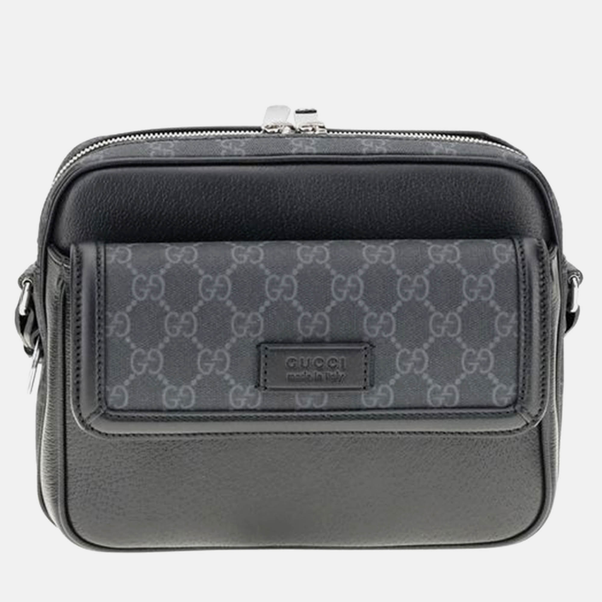 Pre-owned Gucci Gg Supreme Black Canvas And Leather Messenger Bag