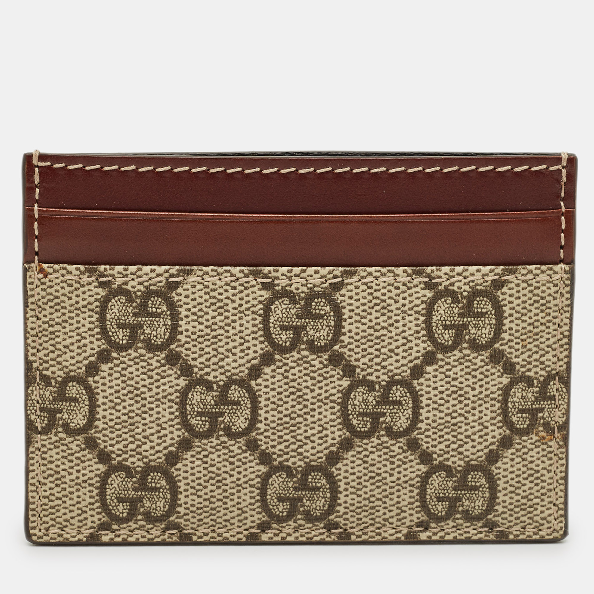 Pre-owned Gucci Brown/beige Gg Supreme Canvas And Leather Card Holder