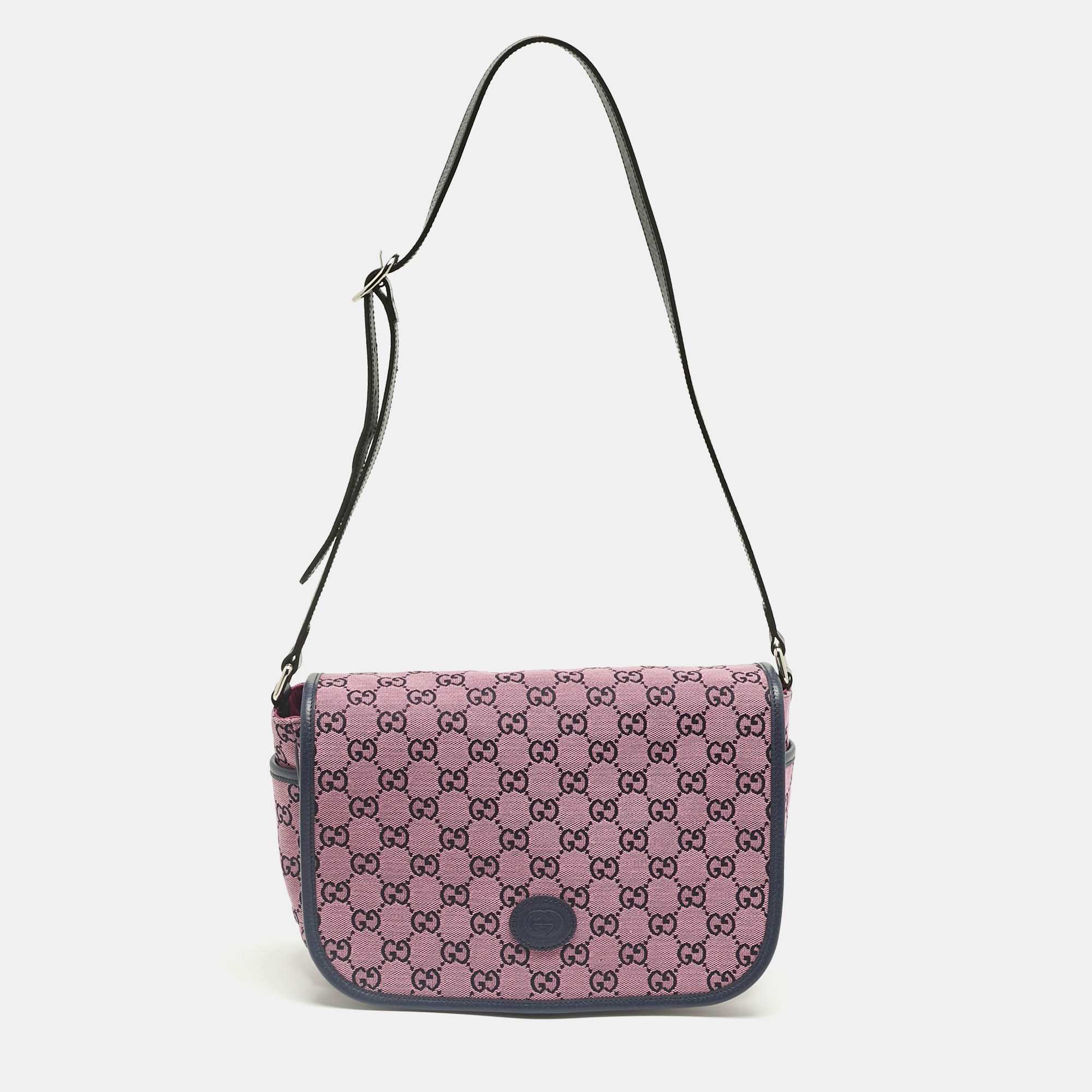 Pre-owned Gucci Pink/navy Blue Gg Canvas And Leather Messenger Bag
