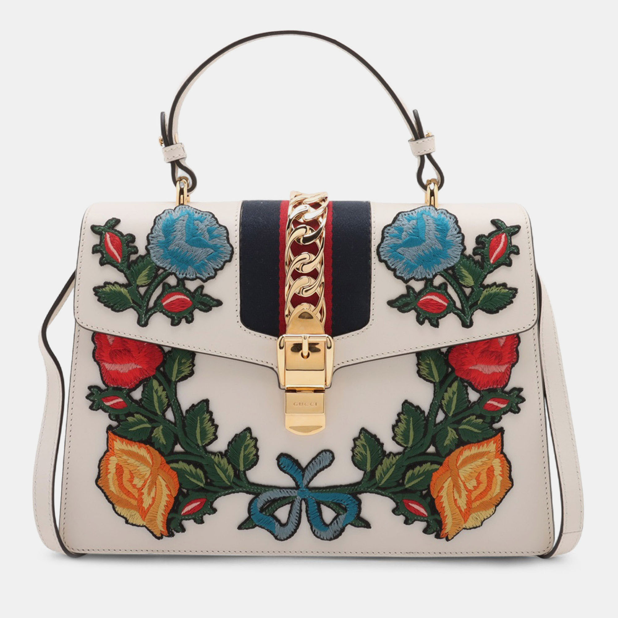 

Gucci White Medium Floral Embroidered Leather Sylvie Top Handle Bag
