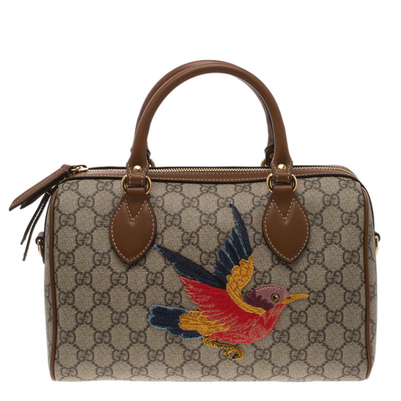 Gucci Beige Brown GG Supreme Canvas Limited Edition Bird Boston Bag