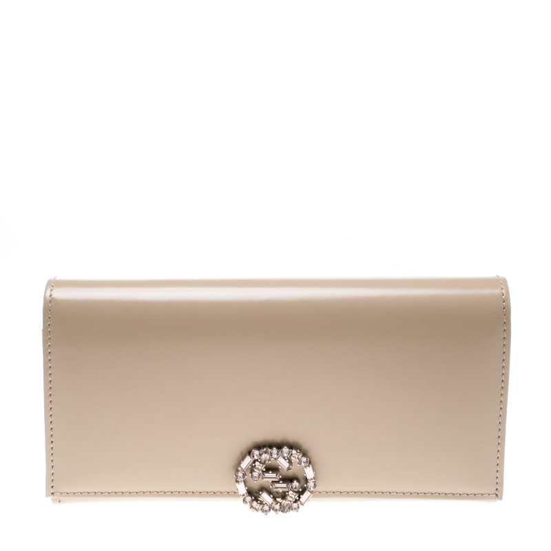 Pre Owned Gucci Beige Leather Crystals Jewel Embellished Wallet