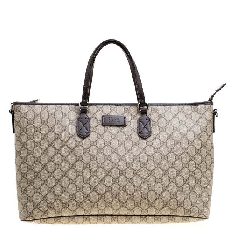 Pre Owned Gucci Beige/Brown GG Supreme Canvas and Leather Top Handle Bag