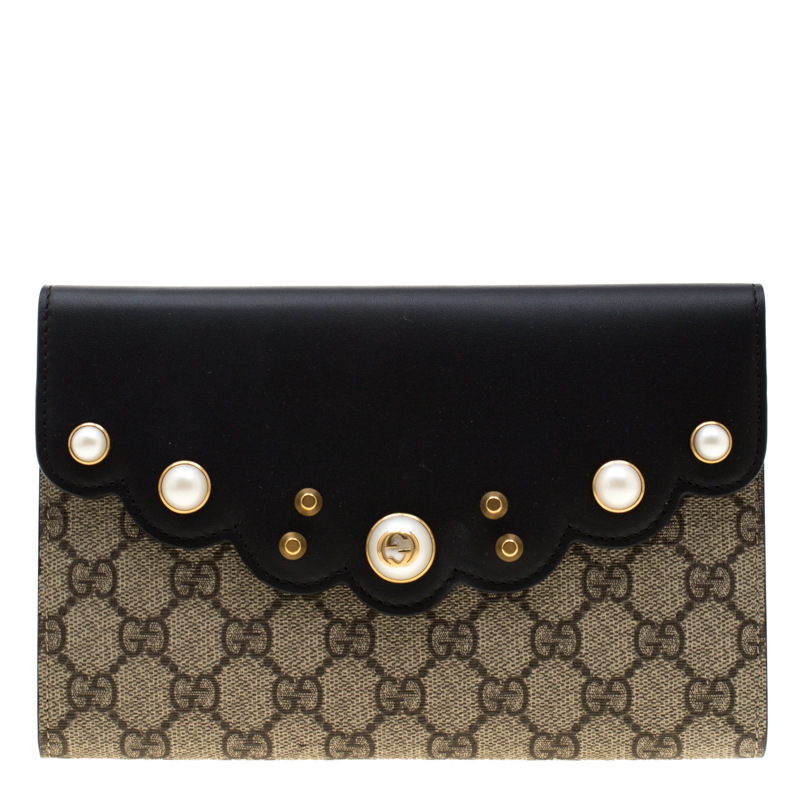 Gucci Beige/Black Pearl Studded GG Canvas and Leather Peony Clutch