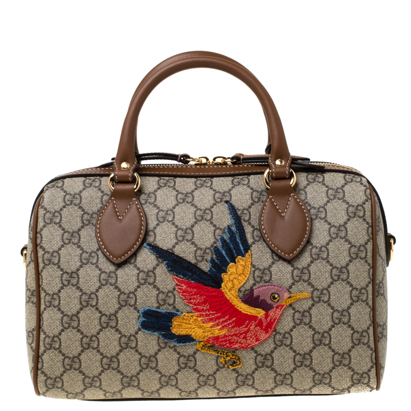Gucci Beige/Brown GG Supreme Canvas Limited Edition Bird Boston Bag ...