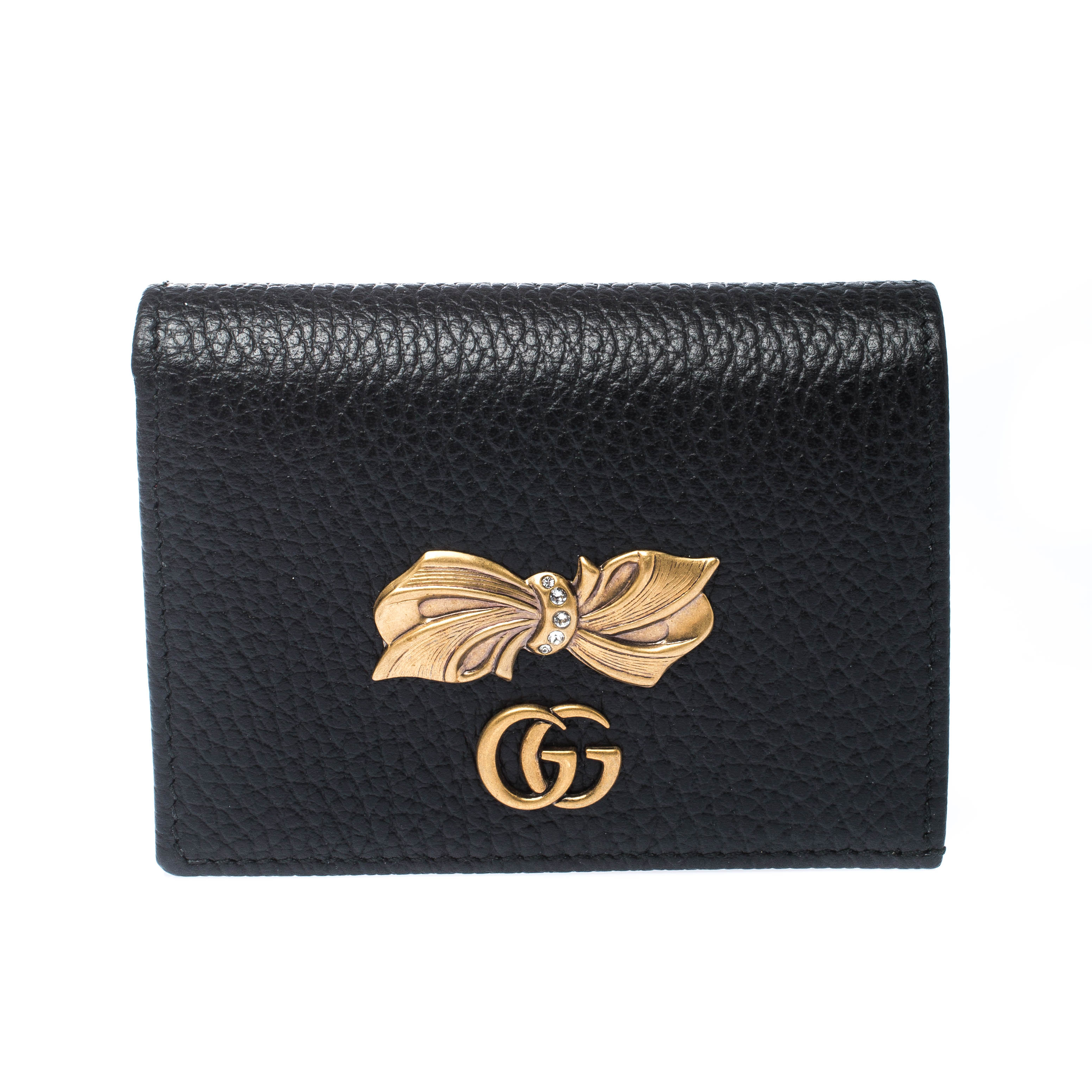 Gucci Black Leather GG Marmont Bow Card Case