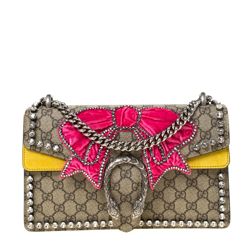 Gucci Beige GG Supreme Canvas Embroidered TLC Suede Dionysus and Crystal Small Bag Bow Shoulder | Gucci