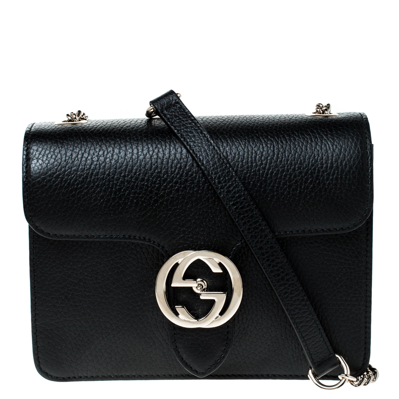 Pre Owned حقيبة كتف غوتشي مارمونت GG ميني جلد أسود