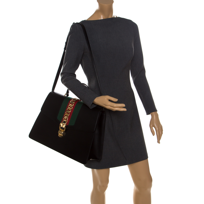 

Gucci Black Web Chain Leather Sylvie Maxi Top Handle Bag