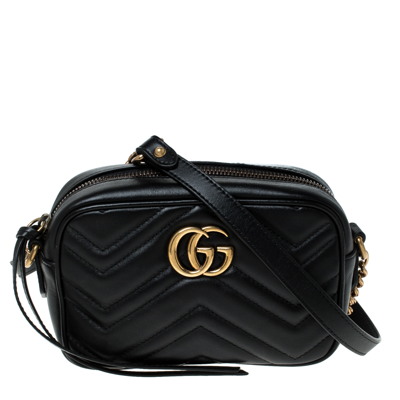 Gucci Black Matelassé Leather Mini GG Marmont Crossbody Bag